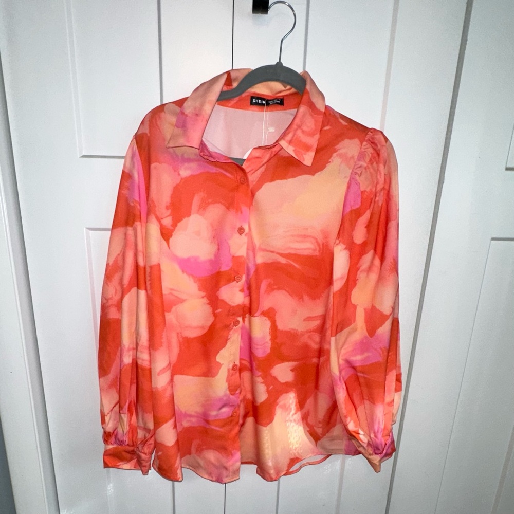 Women's Orange and Pink Holiday Vacation Flower Print Shirt - M - NWT
